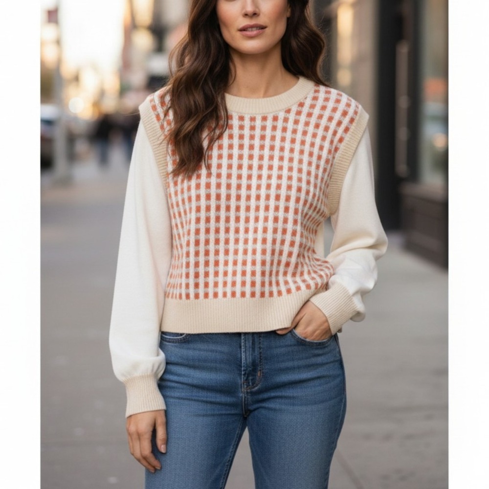 Zara Sweater Vest Shirt Women M Cream Orange Plaid Long Sleeve Pullover Academia